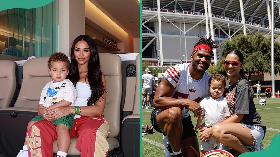 Sydney, Fred Warner, and their son posing for a photo Sydney, Fred Warner, and their son posing for a photo