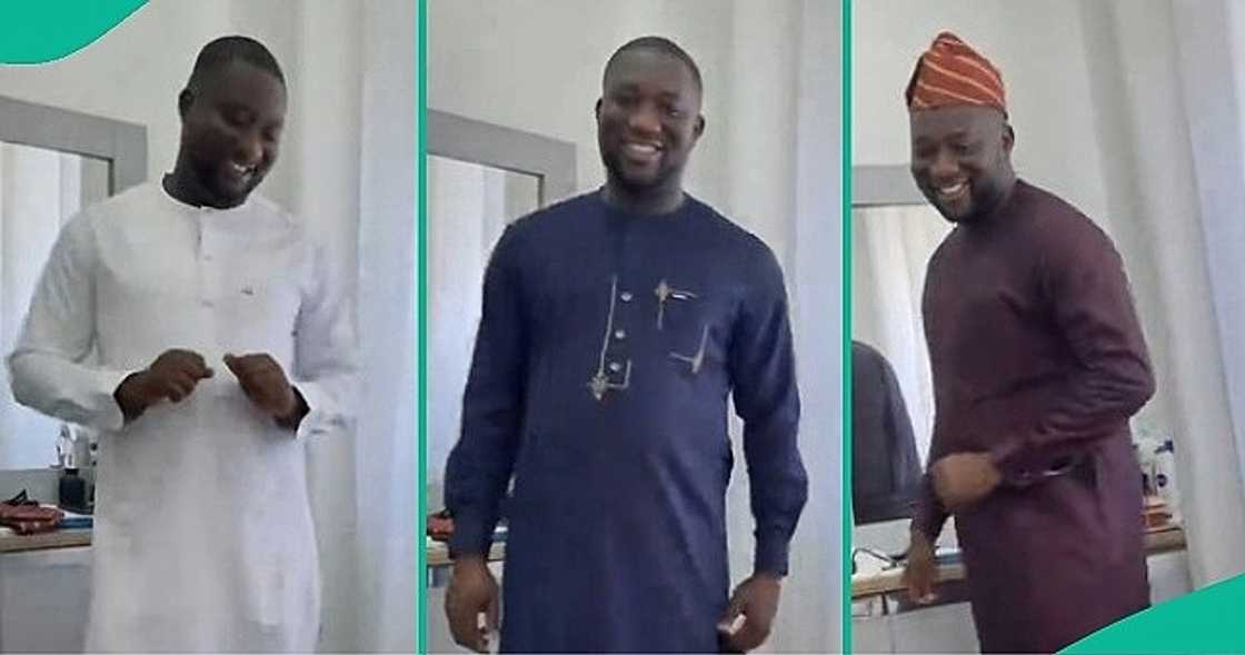 Man reacts as partner gifts him new outfits Man reacts as partner gifts him new outfits