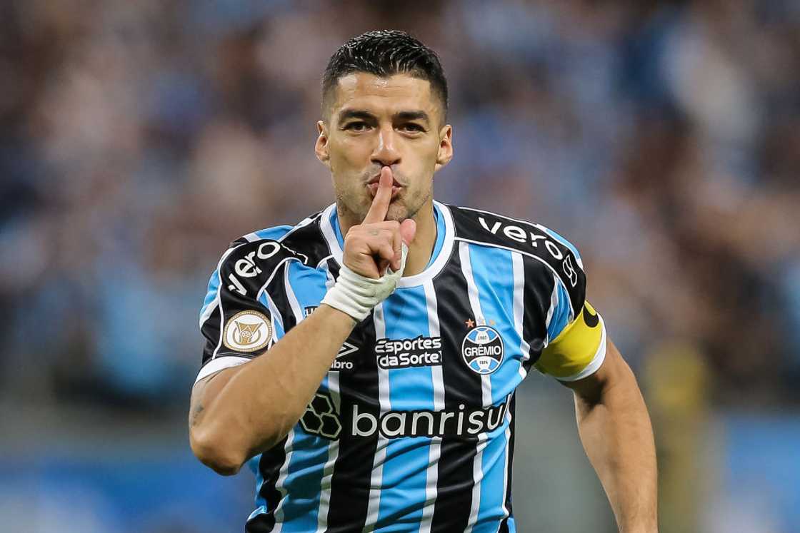 Luis Suárez celebrates after scoring the first goal of his team during the match between Gremio and Vasco Da Gama