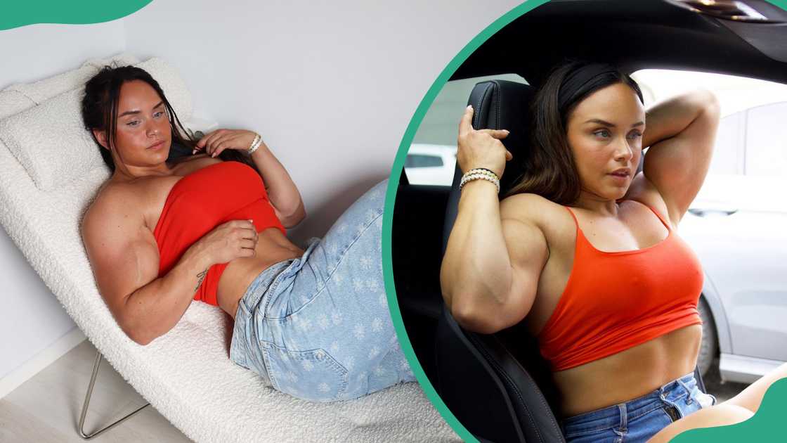 Melinda Lindmark reclines on a white lounge chair (L). The fitness coach sitting in a car (R) Melinda Lindmark reclines on a white lounge chair (L). The fitness coach sitting in a car (R)