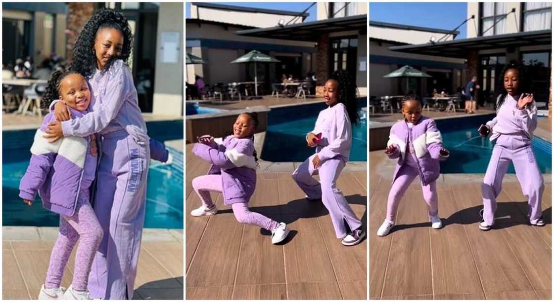 Photos of two black kids dancing in an open place, behind a pool.