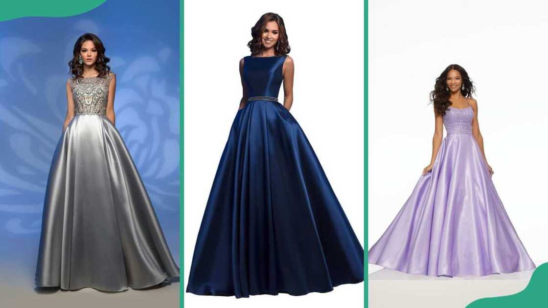 Silver ball gown (L), teal blue ball gown (C), and lilac ball gown (R) Silver ball gown (L), teal blue ball gown (C), and lilac ball gown (R)