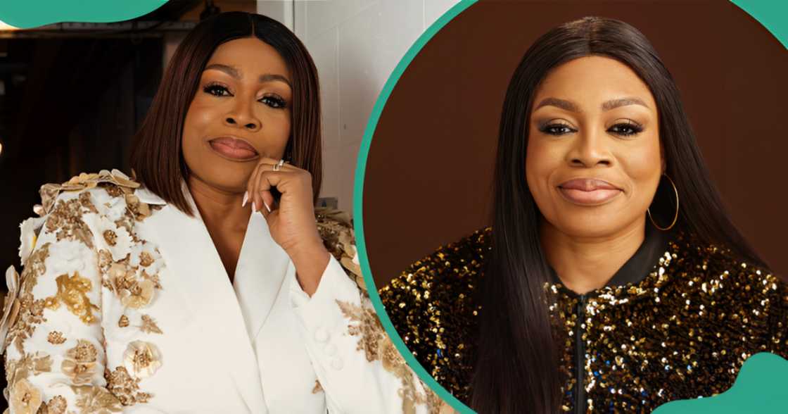 On the left, Sinach is pictured in a white outfit with gold detailing. On the right, the singer poses in a black outfit with gold sequins against a brown background.