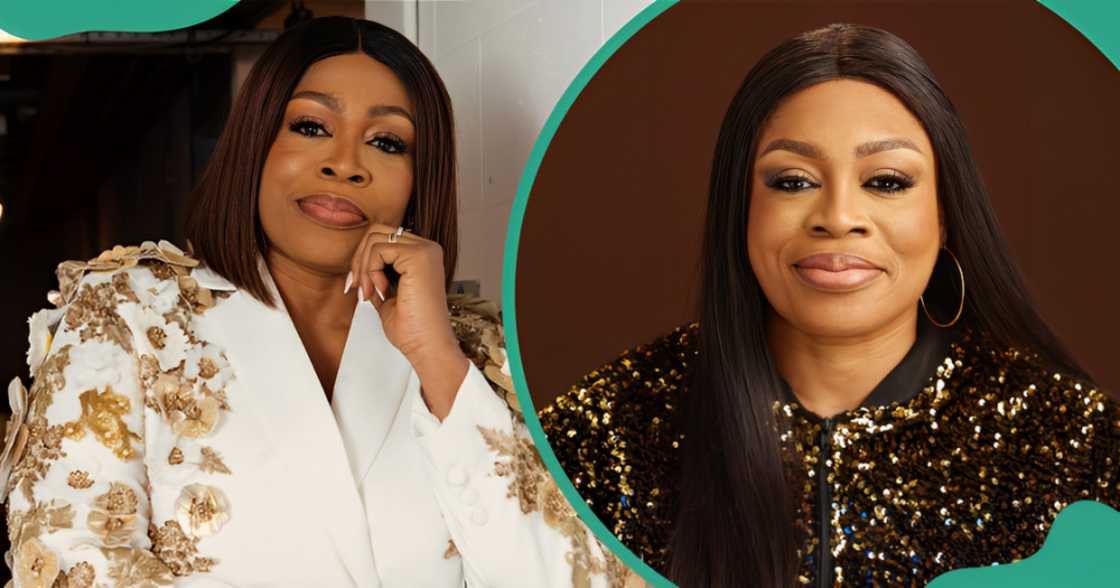 On the left, Sinach is pictured in a white outfit with gold detailing. On the right, the singer poses in a black outfit with gold sequins against a brown background. On the left, Sinach is pictured in a white outfit with gold detailing. On the right, the singer poses in a black outfit with gold sequins against a brown background.