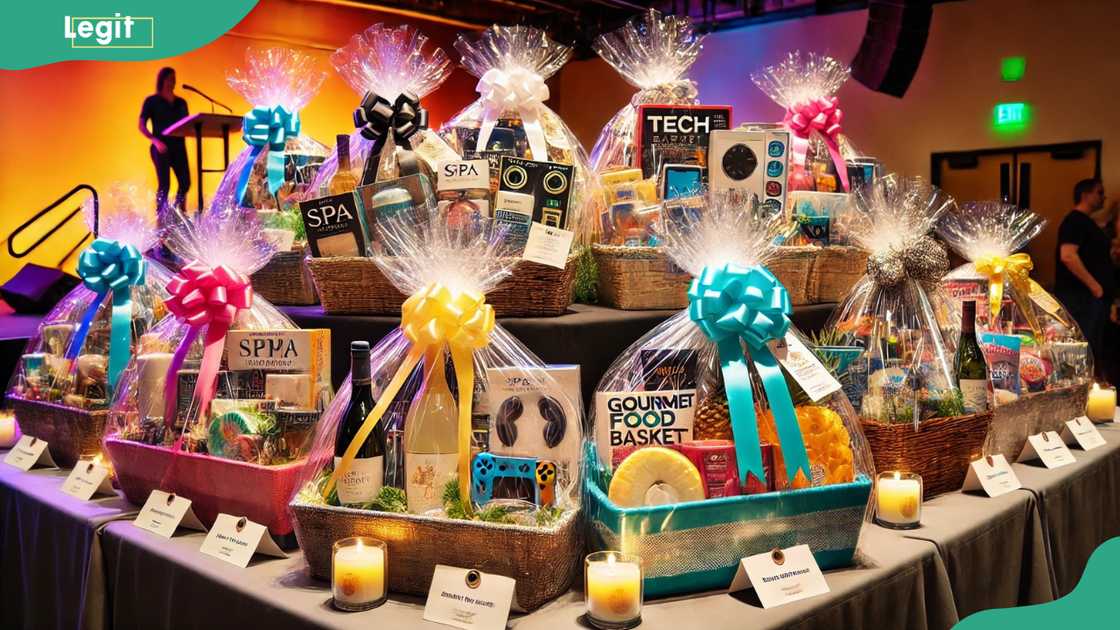 Multiple themed raffle baskets arranged on a table