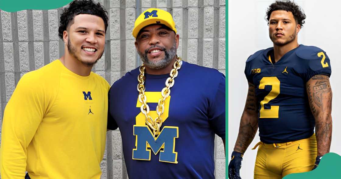 On the left, Blake (L) poses with his father (R) against a grey wall. The footballer poses for a photo in the LA Rams kit before a game against a white background.