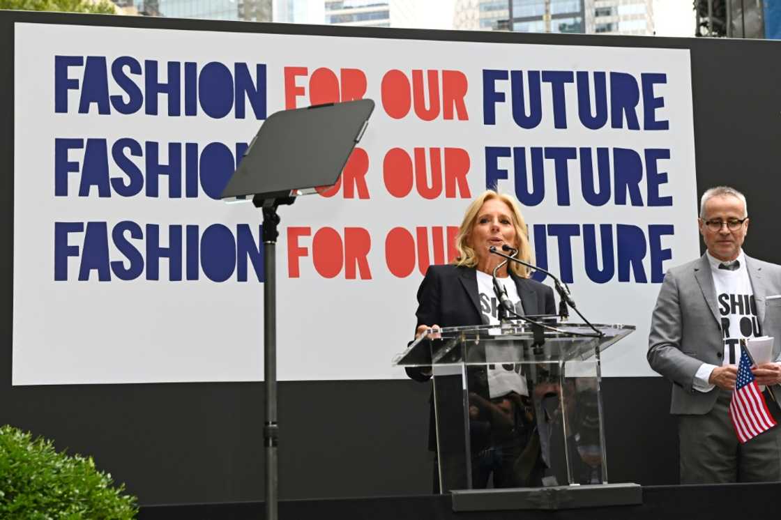 US First Lady Jill Biden gives a surprise speech at a "get out the vote" march that opened New York Fashion Week, on September 6, 2024 US First Lady Jill Biden gives a surprise speech at a "get out the vote" march that opened New York Fashion Week, on September 6, 2024