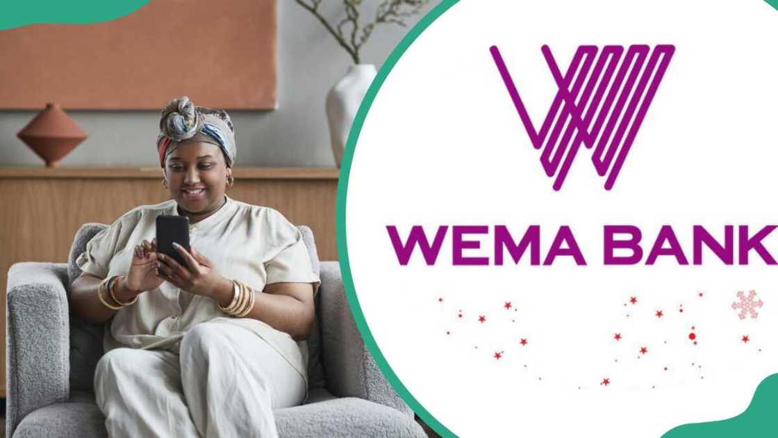 A woman using her phone (L) and Wema Bank logo (R) A woman using her phone (L) and Wema Bank logo (R)