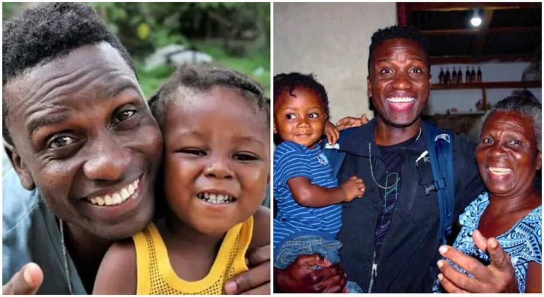 Jamiacan man, Jimmy and Elicie, a child he found in a trash. Jamiacan man, Jimmy and Elicie, a child he found in a trash.