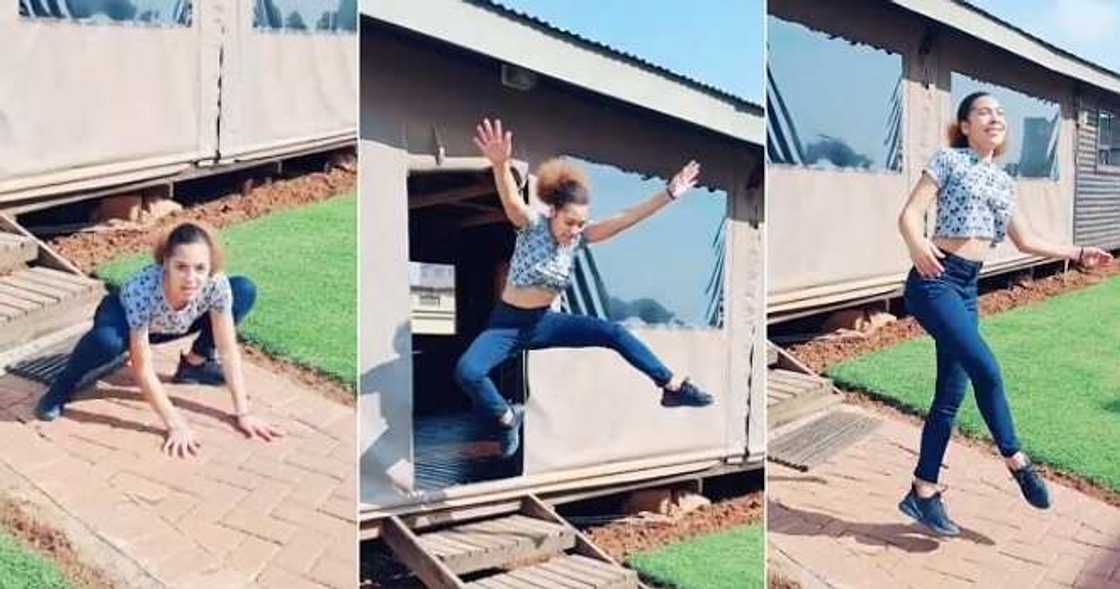 Fair lady with long legs jumps in the air Fair lady with long legs jumps in the air