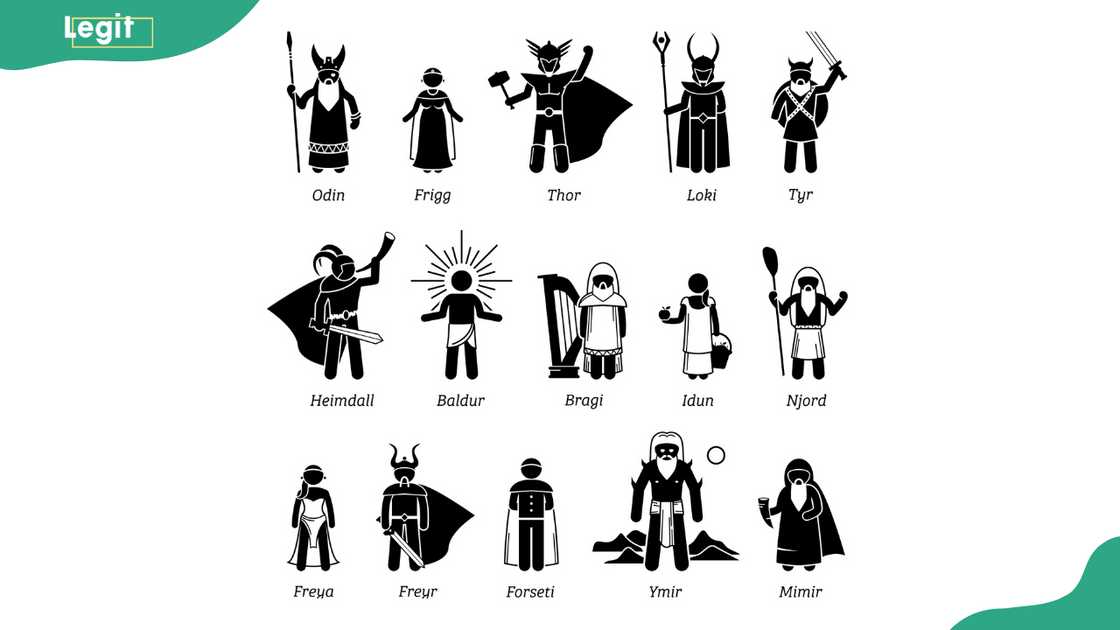 Vector set illustrations of ancient fantasy gods and goddesses characters from Norse mythology. Vector set illustrations of ancient fantasy gods and goddesses characters from Norse mythology.