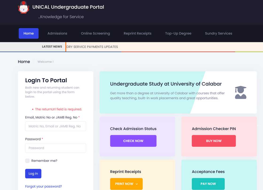 UNICAL school fees portal login UNICAL school fees portal login