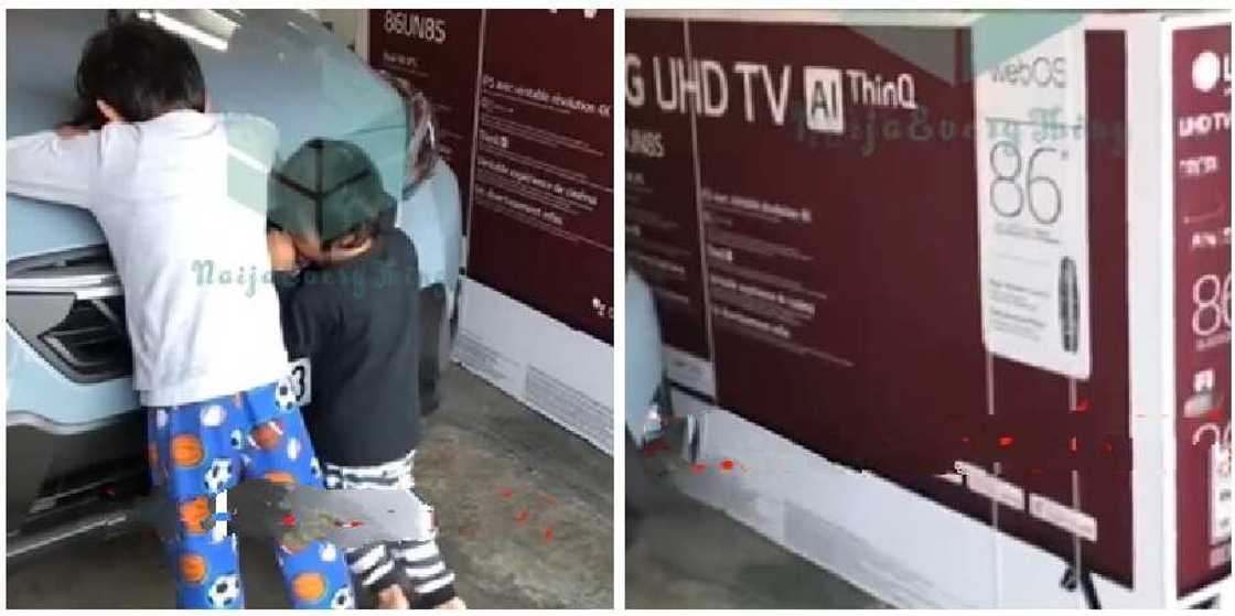 2 kids use their mum's phone to buy 86 inch television online. 2 kids use their mum's phone to buy 86 inch television online.