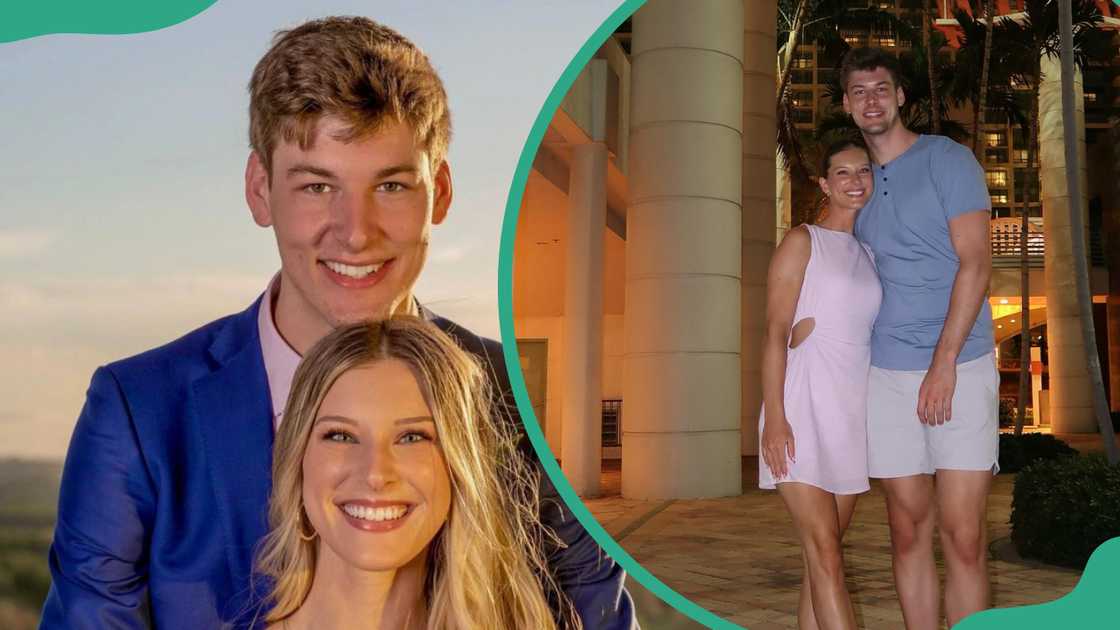 Kyle Filipowski and Caitlin Hutchinson enjoying a sunset breeze and relaxing inside a palm-lined building. Kyle Filipowski and Caitlin Hutchinson enjoying a sunset breeze and relaxing inside a palm-lined building.