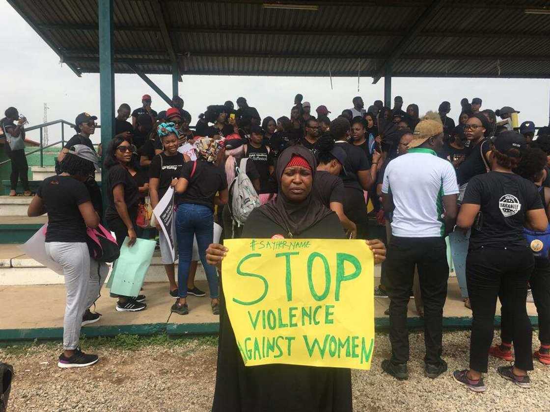 Aisha Yesufu joins protest against police harassment of women. Credit: Twitter Aisha Yesufu joins protest against police harassment of women. Credit: Twitter