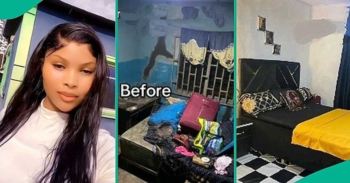 Nigerian lady proudly shows off the new look of her mother's bedroom.