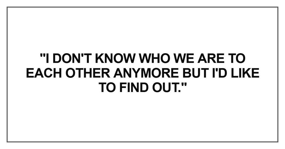 "I don't know who we are to each other anymore," I said. "But I'd like to find out. "I don't know who we are to each other anymore," I said. "But I'd like to find out.