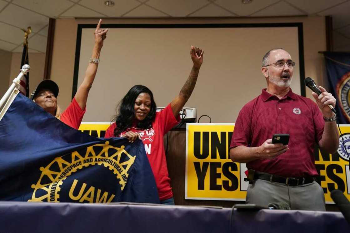 United Auto Workers (UAW) President Shawn Fain, right, shown here at the celebration of a win Tennessee last month, hopes for a succeessful outcome at an election in Alabama United Auto Workers (UAW) President Shawn Fain, right, shown here at the celebration of a win Tennessee last month, hopes for a succeessful outcome at an election in Alabama