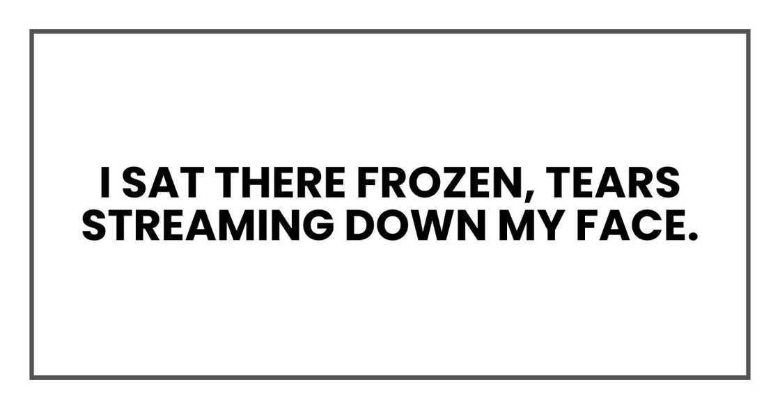 I sat there frozen, tears streaming down my face. I sat there frozen, tears streaming down my face.