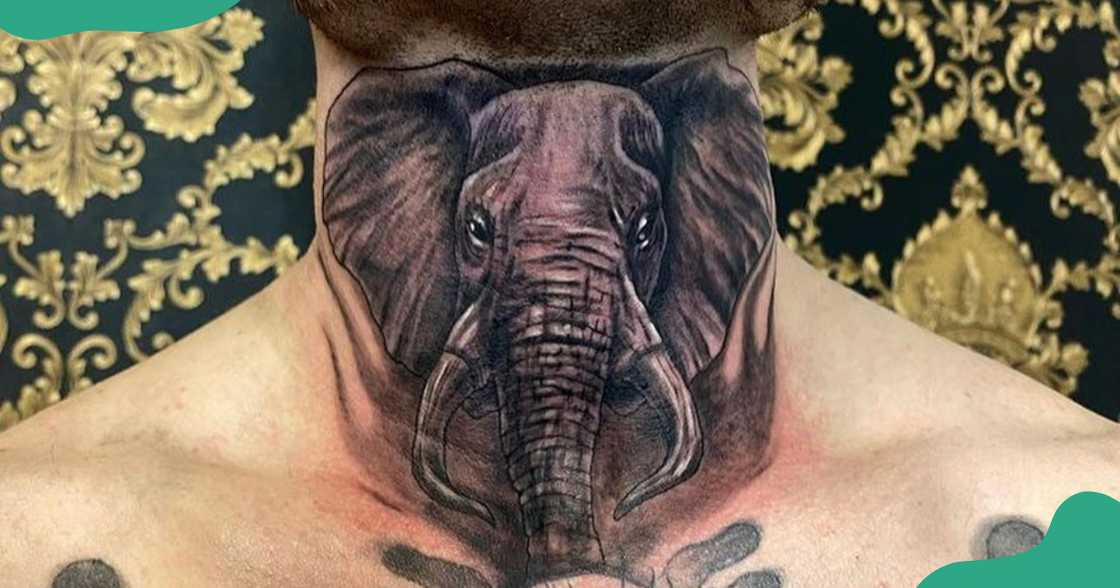 A throat tattoo with an elephant's head. A throat tattoo with an elephant's head.