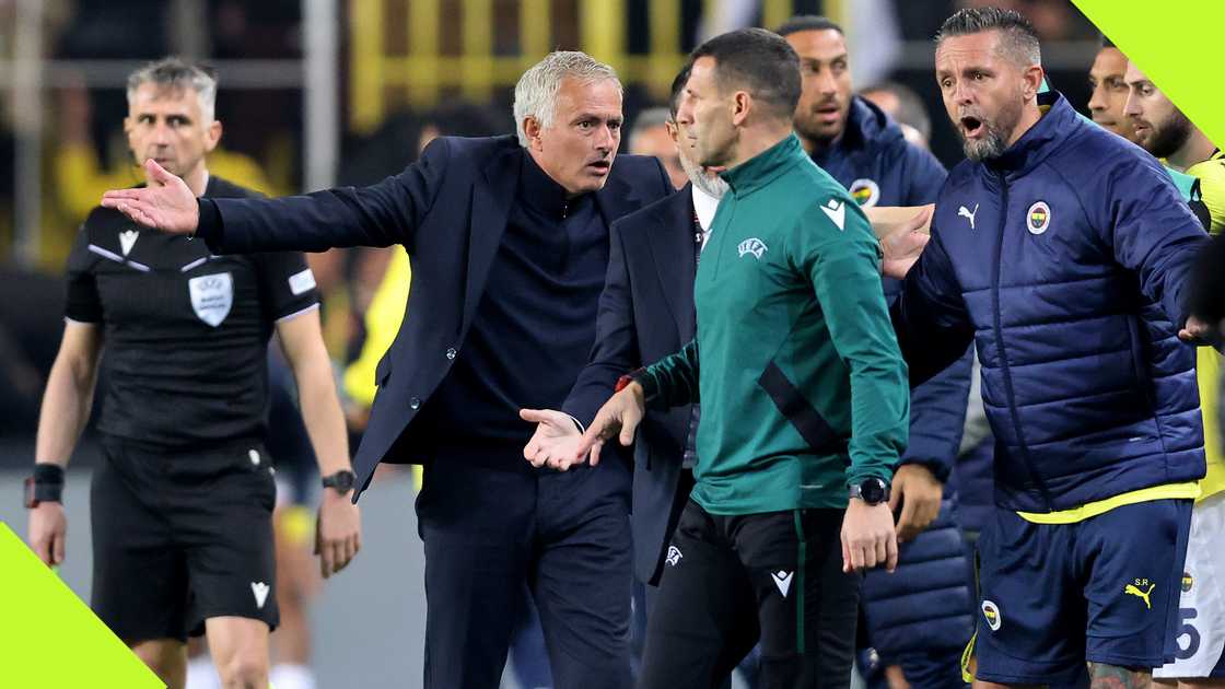 Fenerbahce coach Jose Mourinho protests to the touchline after he felt his side should have been awarded a penalty against Manchester United. Fenerbahce coach Jose Mourinho protests to the touchline after he felt his side should have been awarded a penalty against Manchester United.