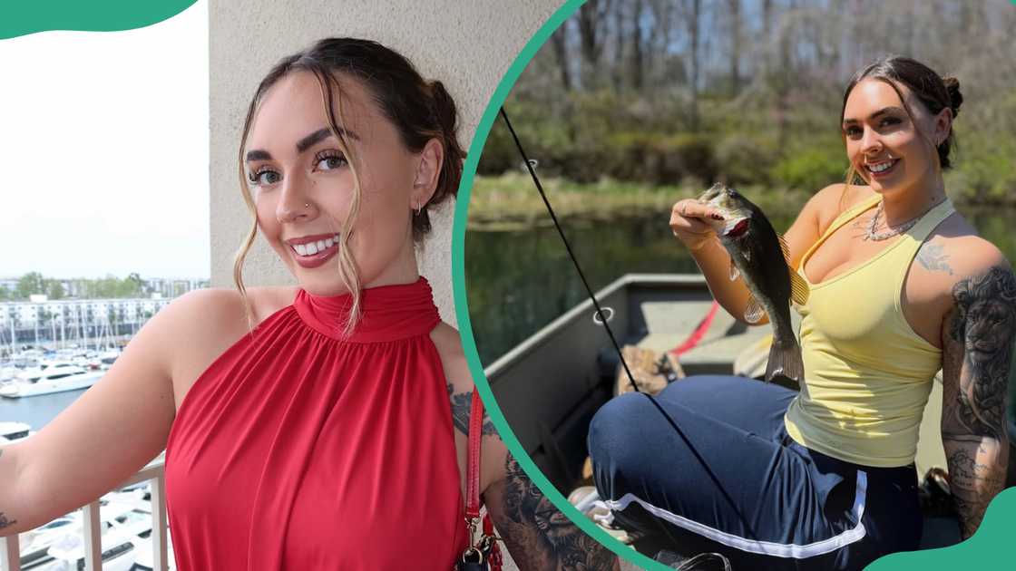 Abby Berner in a red gown and she is seen during a fishing trip Abby Berner in a red gown and she is seen during a fishing trip