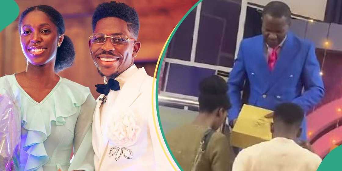 Moses Bliss and fiancée take wedding card to pastor for prayer Moses Bliss and fiancée take wedding card to pastor for prayer