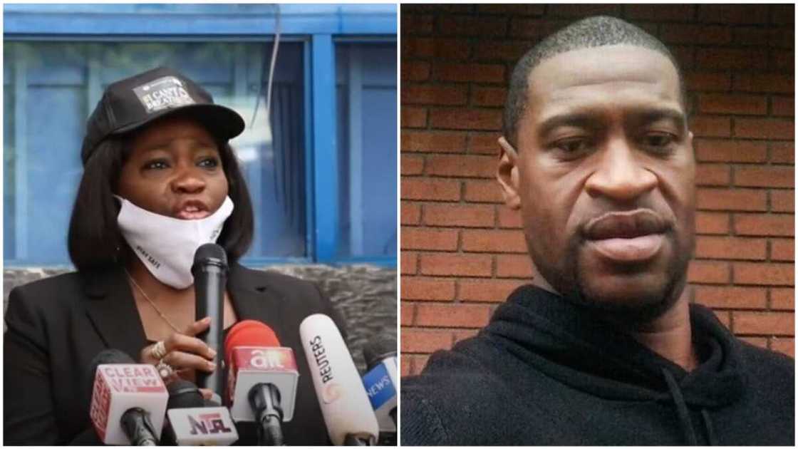 A collage of Abike-Dabiri and George Floyd. Photo sources: NIDCOM/Twitter/EliteReaders A collage of Abike-Dabiri and George Floyd. Photo sources: NIDCOM/Twitter/EliteReaders