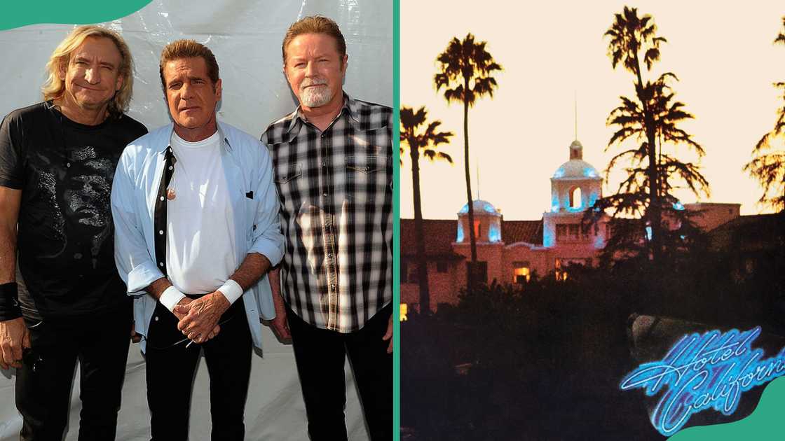 Eagles band members (L). A cover photo of Eagles album, Hotel California (R). Eagles band members (L). A cover photo of Eagles album, Hotel California (R).