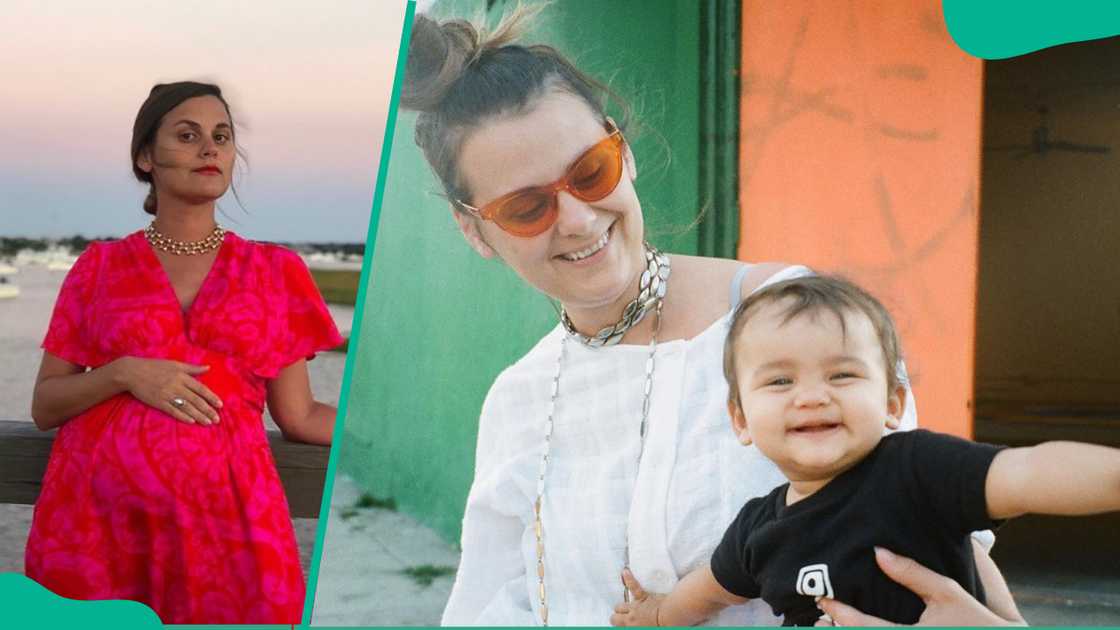 Dierdre Lewis standing on a beach during twilight (L). The actress smiles as she holds her daughter (R)