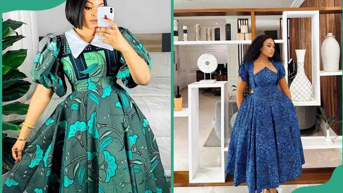 Green and blue pleated Ankara dresses