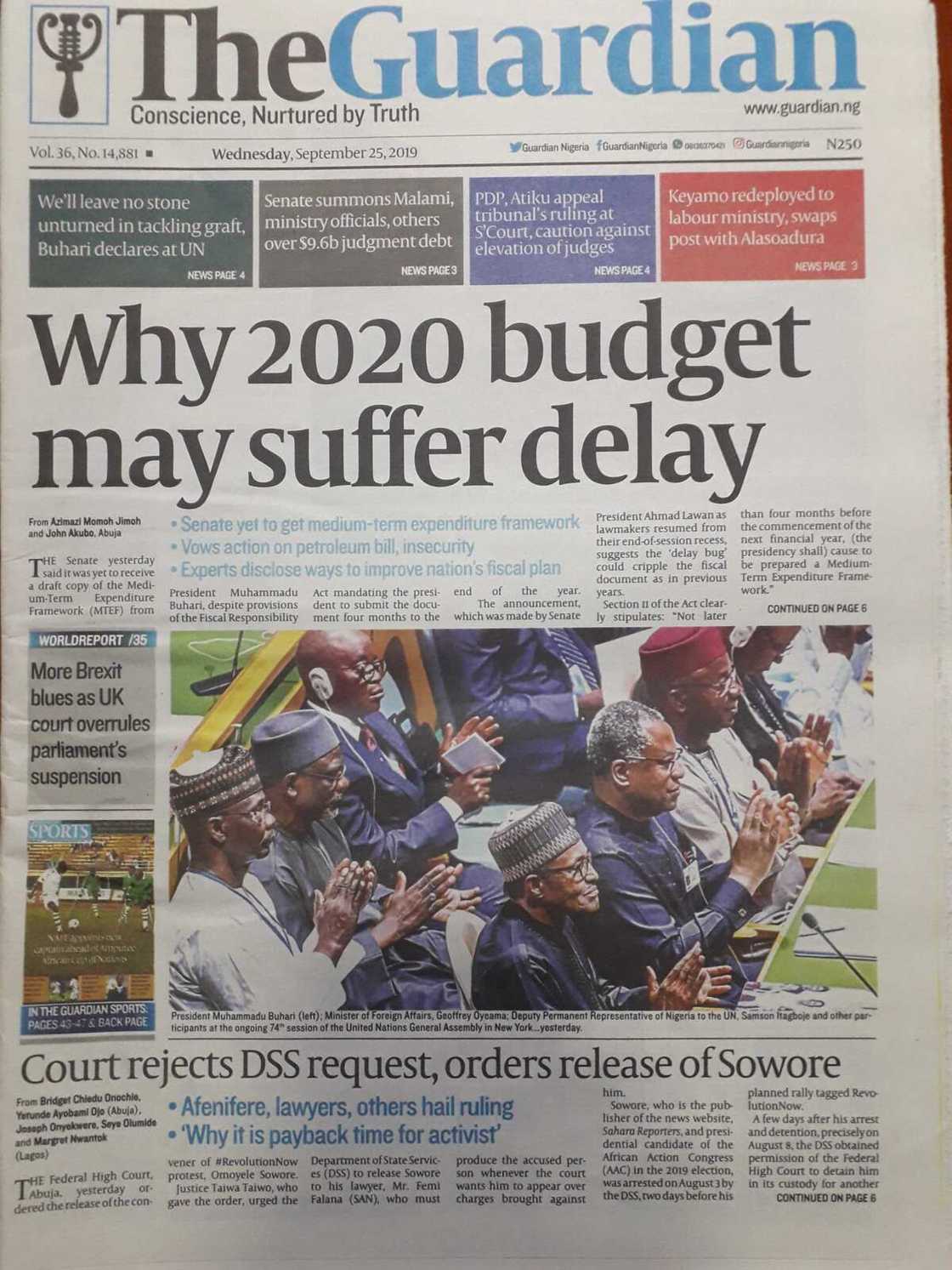 The Guardian newspaper headlines for Wednesday, September 25