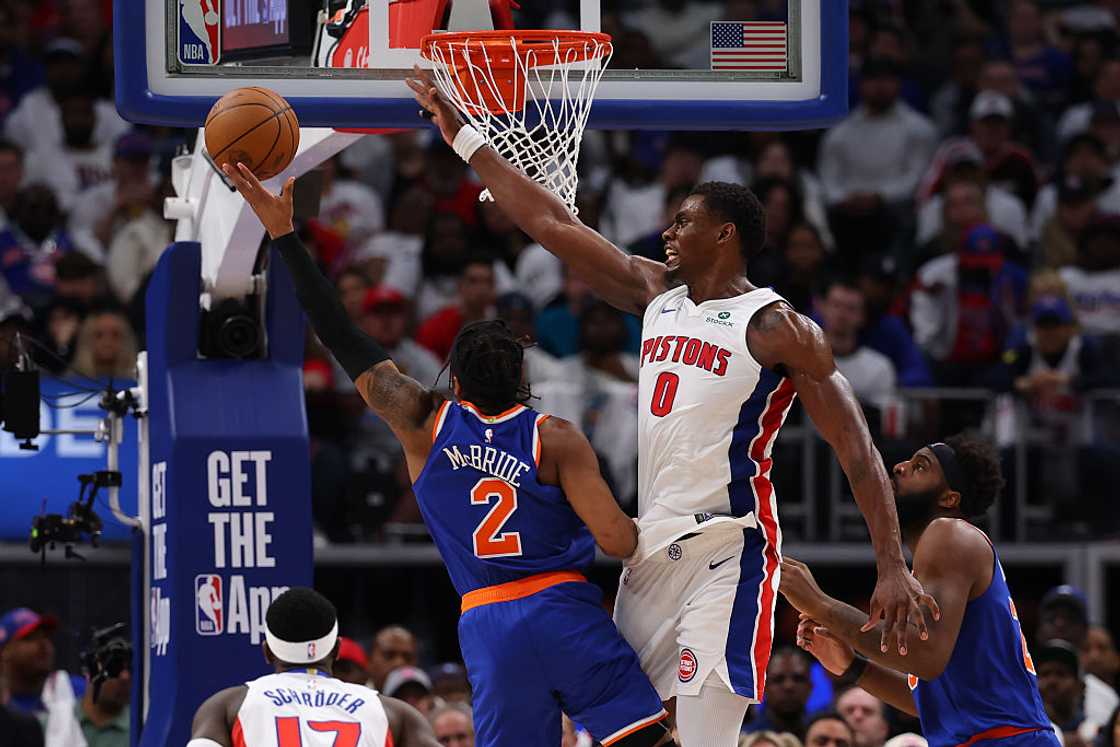 Miles McBride of the New York Knicks drives to the basket in Detroit, Michigan Miles McBride of the New York Knicks drives to the basket in Detroit, Michigan