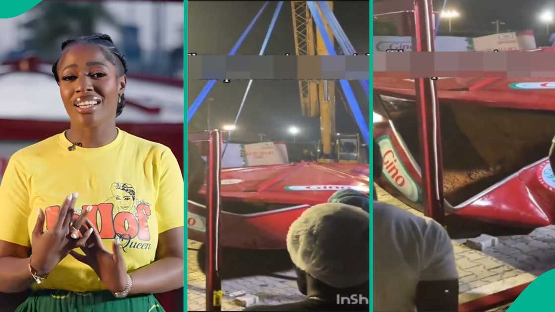 A video shows when Hilda Baci's jollof rice pot unexpectedly collapses while being lifted for weighing. A video shows when Hilda Baci's jollof rice pot unexpectedly collapses while being lifted for weighing.