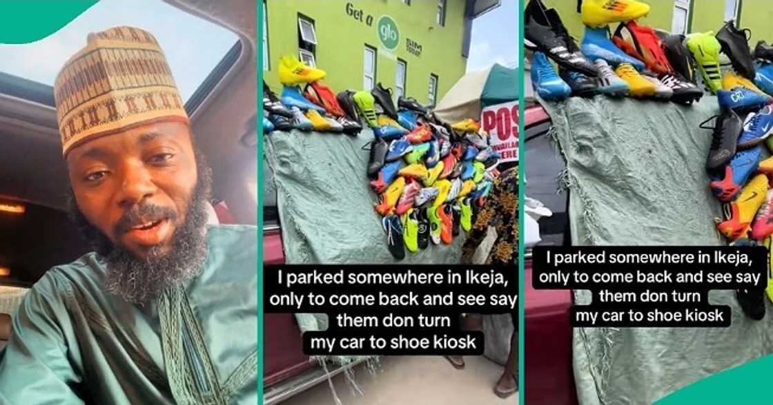 Man who parked car at computer village sees shoes hung on it. Man who parked car at computer village sees shoes hung on it.