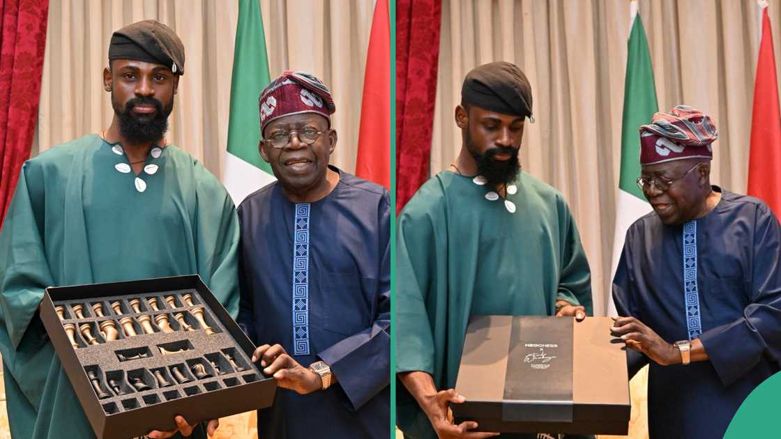Tunde Onakoya gifts Tinubu gold-plated Adire chess set Tunde Onakoya gifts Tinubu gold-plated Adire chess set
