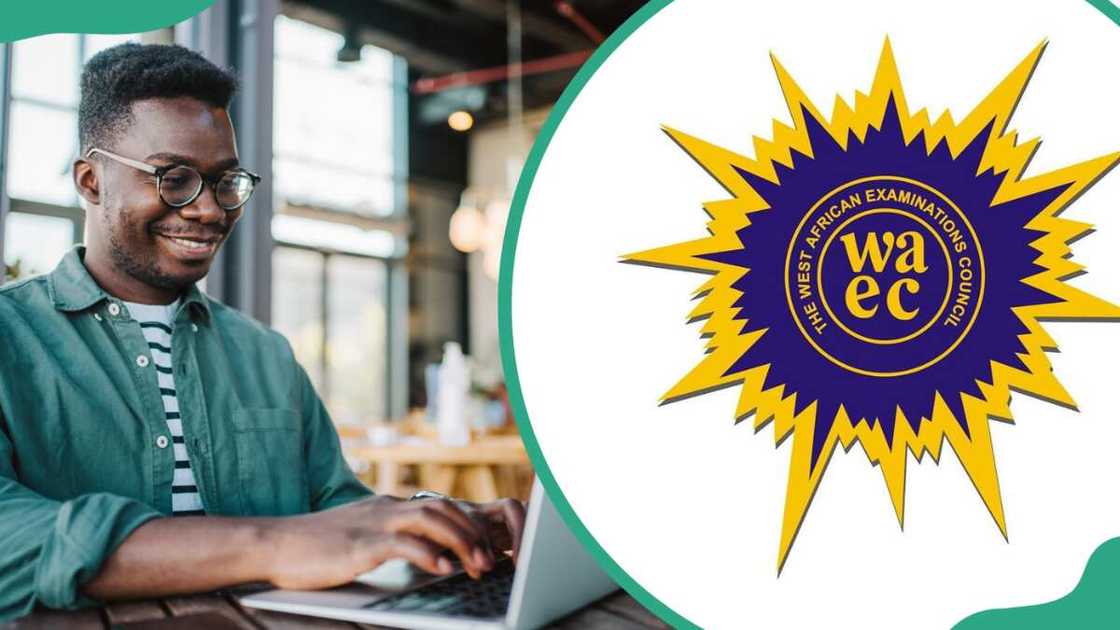 A happy male student using a laptop (L) and the WAEC logo (R)