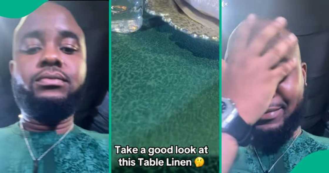 Man cries out after wearing senator to a wedding and seeing the same material on a table.