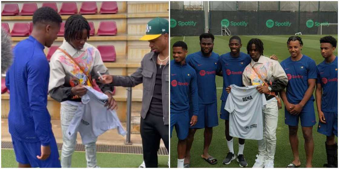 Rema teams up with Barcelona stars at training, Rema and t Barcelona football players Rema teams up with Barcelona stars at training, Rema and t Barcelona football players