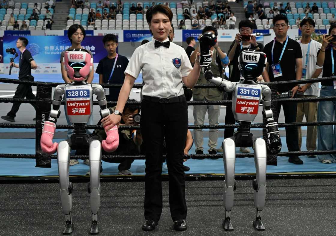 A referee raises the hand of the robot winner after a combat competition A referee raises the hand of the robot winner after a combat competition