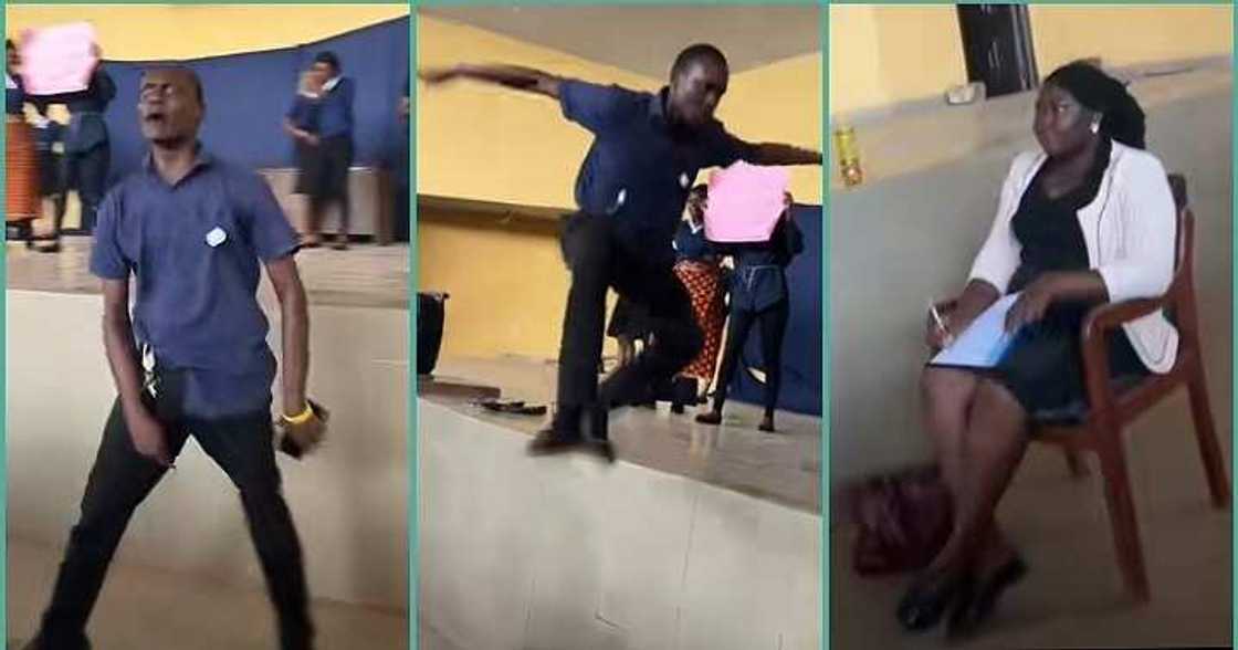 Moment a male student gave aggressive presentation in school, jumped from stage Moment a male student gave aggressive presentation in school, jumped from stage