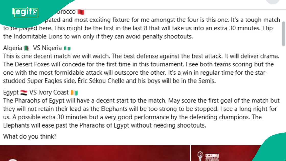 Man predicts outcome of Nigeria vs Algeria AFCON quarterfinal match after making 15 correct predictions
