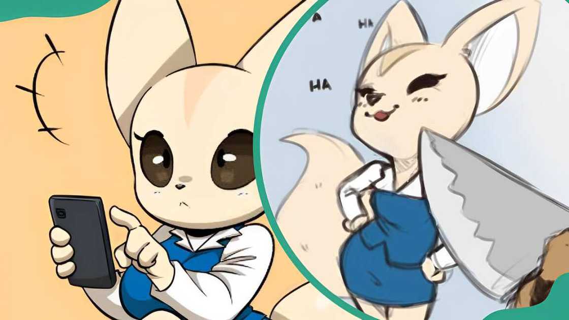 Fenneko pressing a phone and her laughing with hands on the waist Fenneko pressing a phone and her laughing with hands on the waist