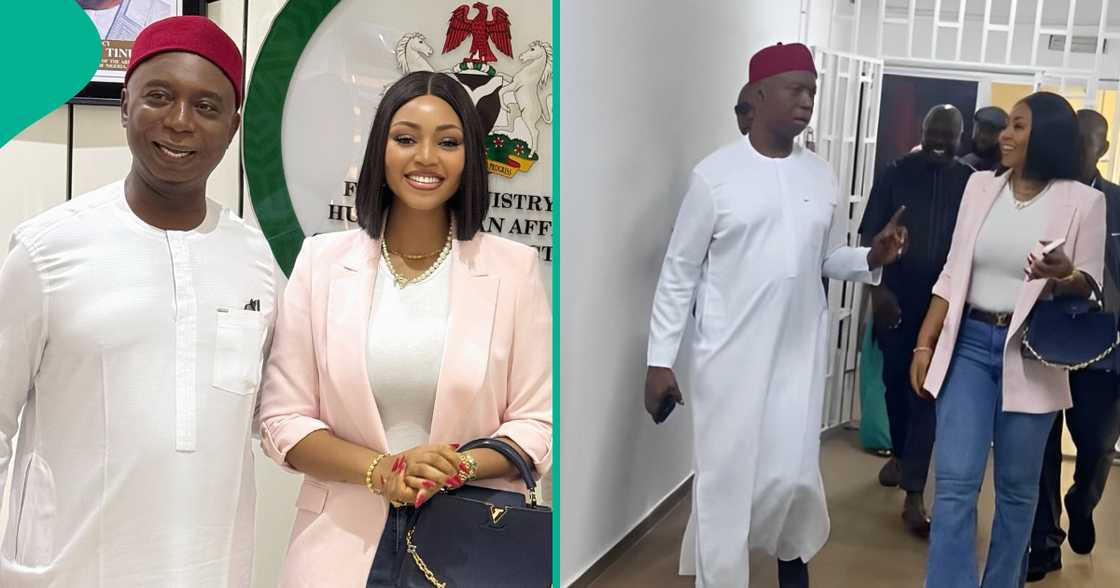 Regina Daniels and Ned Nwoko at Ministry of Humanitarian Affairs and Poverty Alleviation.