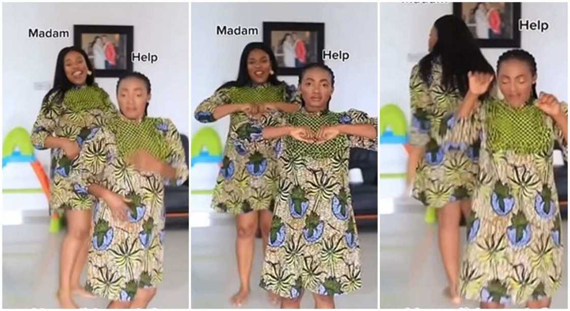 Madam and her housemaid, dressed in Ankara gown, dancing. Madam and her housemaid, dressed in Ankara gown, dancing.