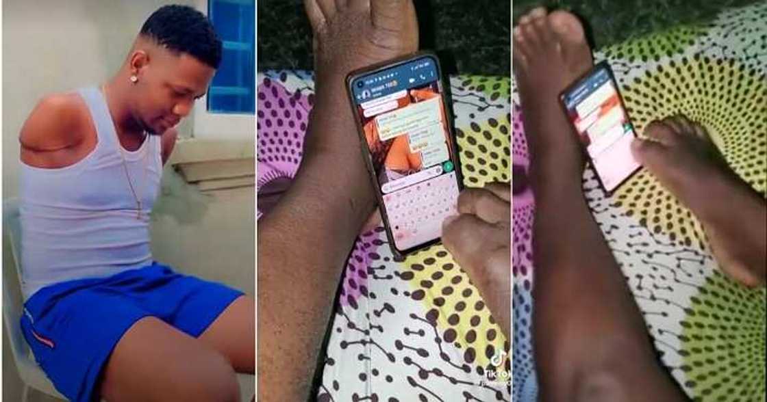 Man without hands operates phone Man without hands operates phone