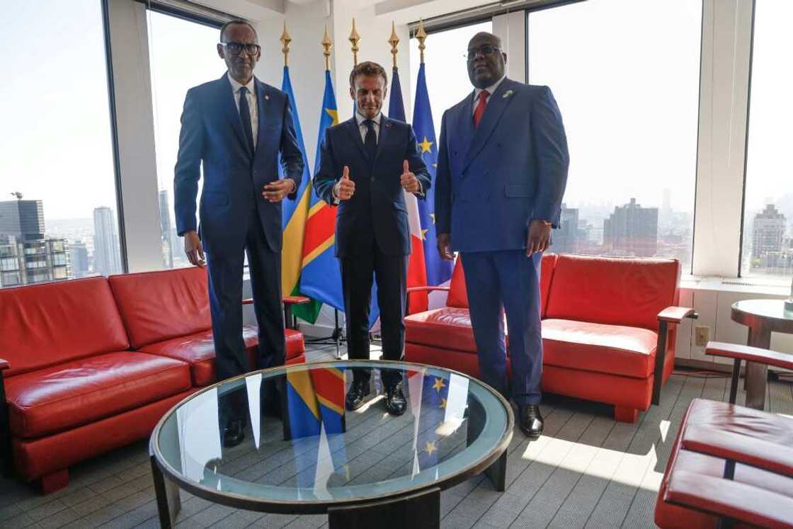 (L-R) Rwandan President Paul Kagame, French President Emmanuel Macron and Democratic Republic of Congo President Felix Tshisekedi meet at France's permanent mission to the United Nations (L-R) Rwandan President Paul Kagame, French President Emmanuel Macron and Democratic Republic of Congo President Felix Tshisekedi meet at France's permanent mission to the United Nations