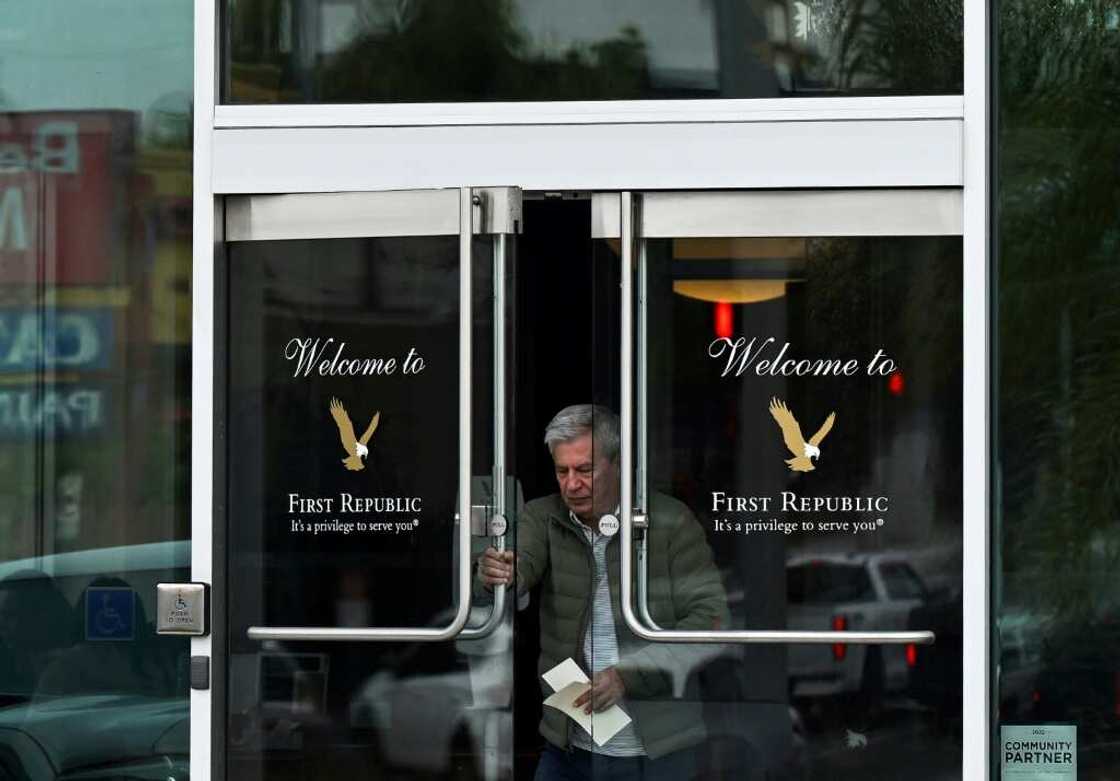 A client leaves a branch of First Republic Bank in Manhattan Beach,  California, on March 13, 2023 A client leaves a branch of First Republic Bank in Manhattan Beach,  California, on March 13, 2023