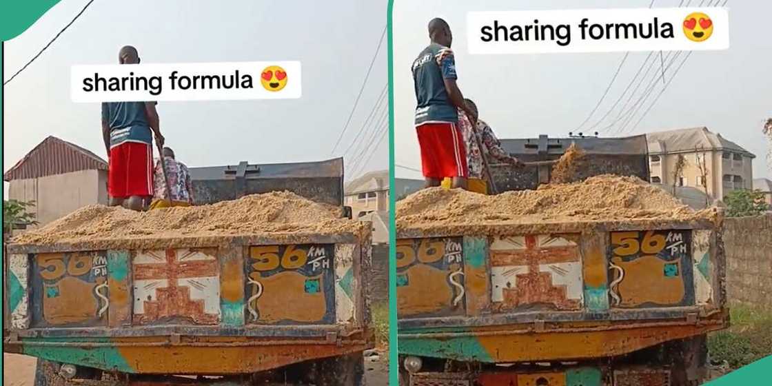 Three Nigerians share one tipper of sand.