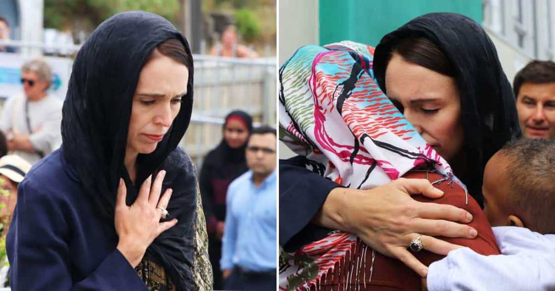 Jacinda Ardern wearing a hijab consoling families of the victims of the Christchurch shootings